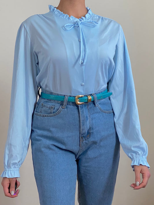 70's Ruffle Collar Long Sleeve Blouse with Bow (S-M)