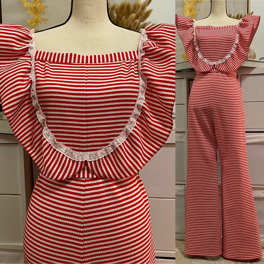 70's Striped Wide Leg Jumpsuit w/ Ruffle & Lace (L)