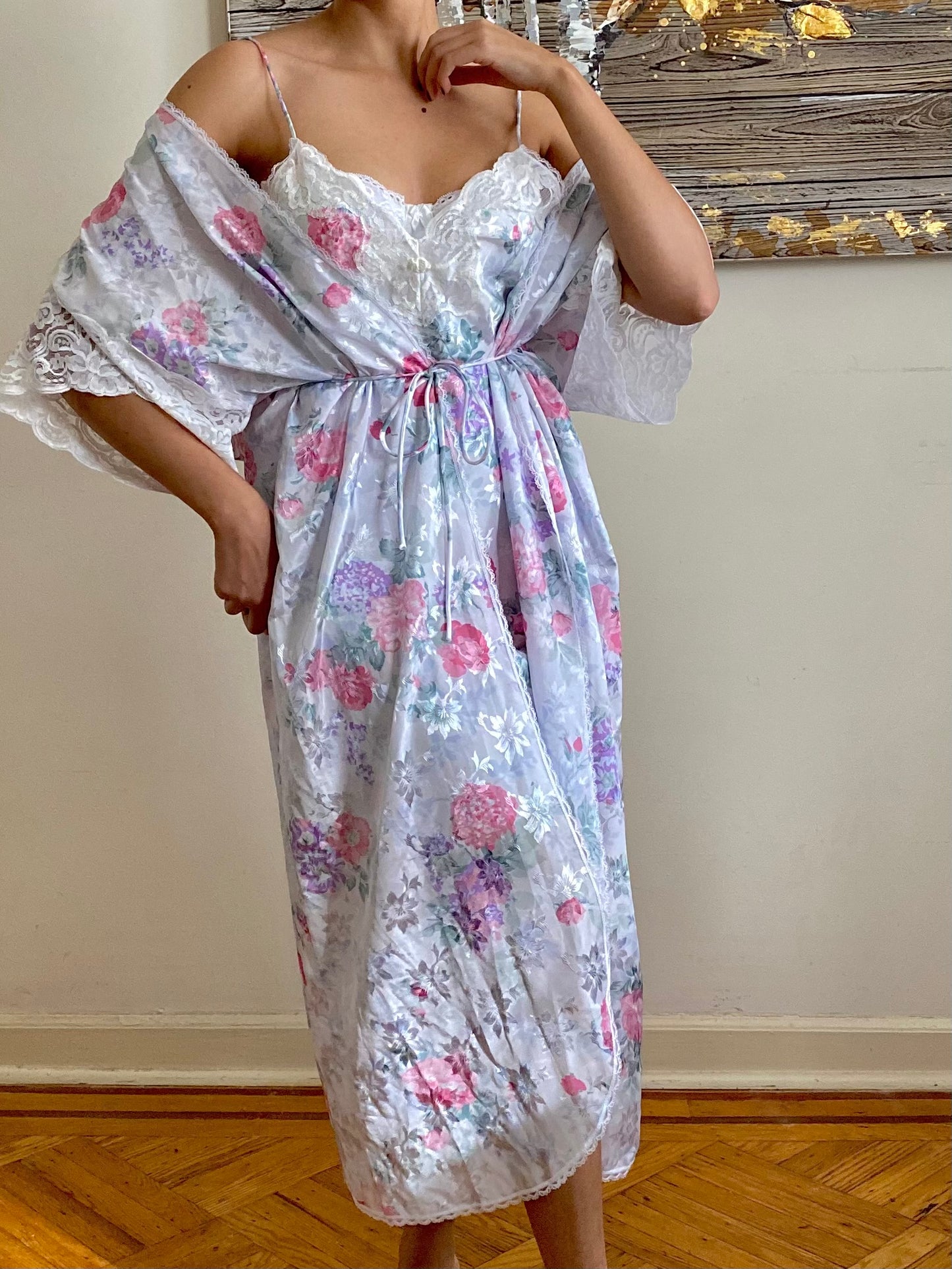 80's Floral Full Length Robe & Slip Set (M)