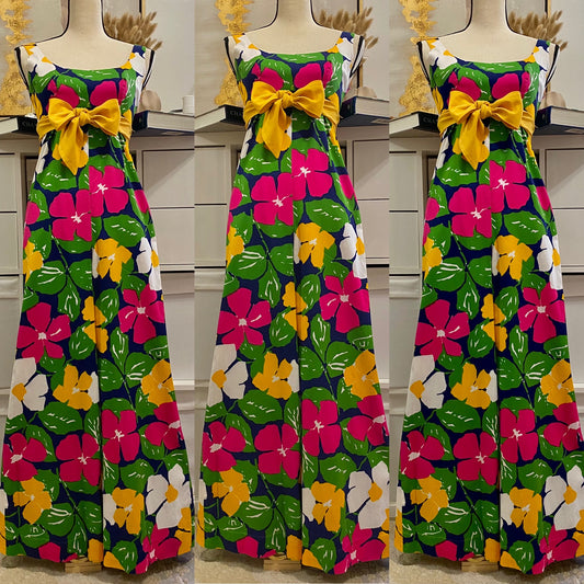 60's-70's Cotton Floral Wide Leg Jumpsuit (XS-S)