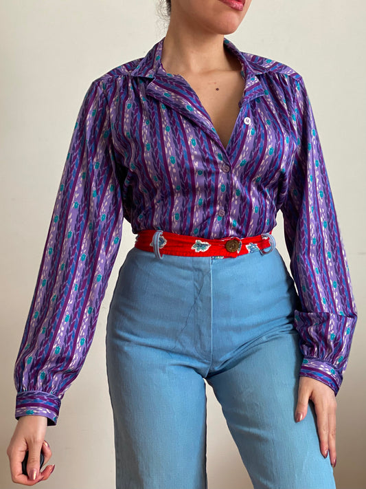 70's Purple Abstract Long Sleeve Blouse (S-M)