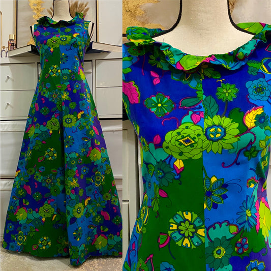 70s Psychedelic Wide Leg Abstract Floral Jumpsuit (S)