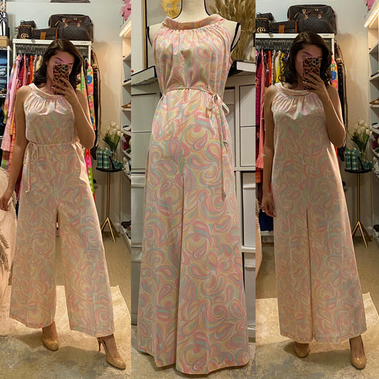 60's-70's Cotton Pastel Psychedelic, Cowl Neck, Wide Leg Jumpsuit (L)