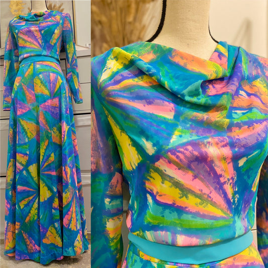 60's Abstract Watercolor Palazzo Jumpsuit with Cowl Neck (M-L)