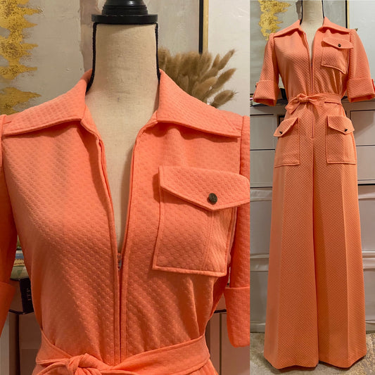 70's Creamsicle Waffle Wide Leg Jumpsuit W/ Belt (M-L)