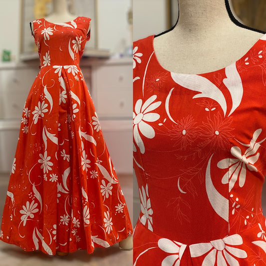 60s-70s Coral Floral Palazzo Jumpsuit (S, 26"-27"W)
