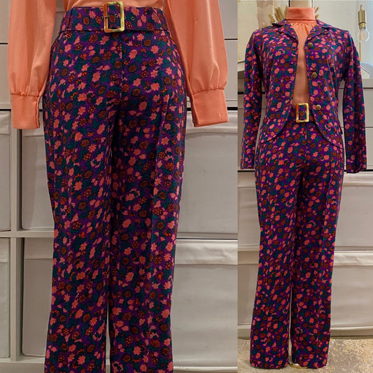 60's 3pc Floral Cigarette Style Pantsuit (XS-S, 26"W)