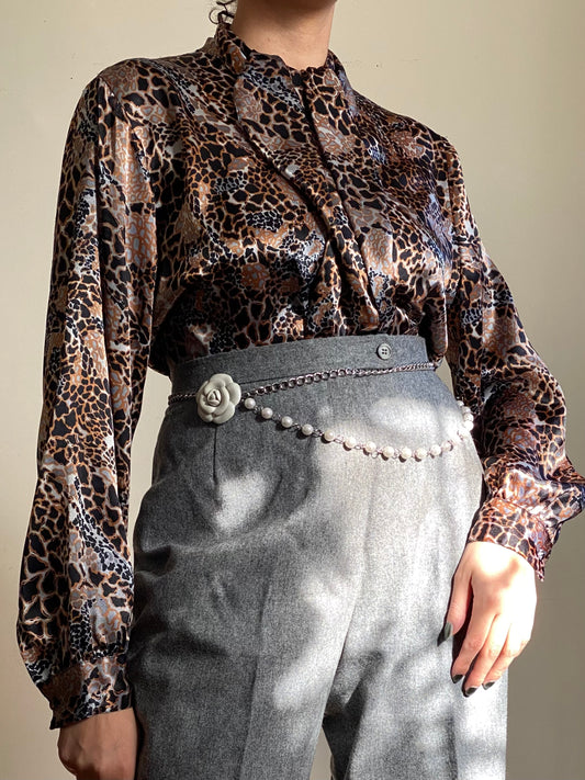 80's Animal Print Mock Neck Long Sleeve Blouse (M)