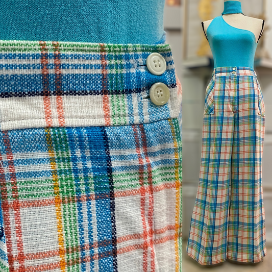 70's High Rise Plaid Bell Bottoms (M-L)