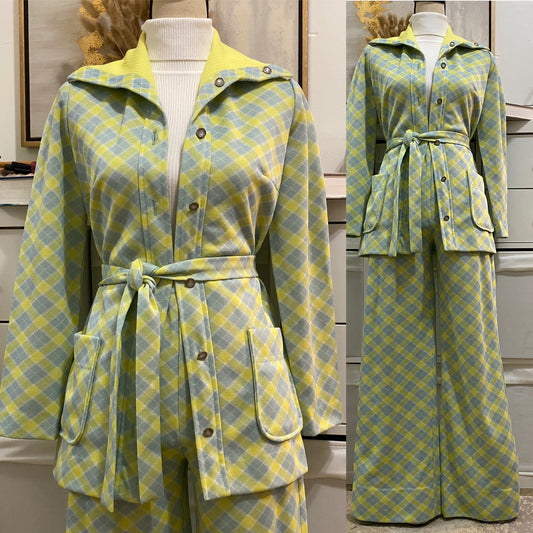 60s-70s 3PC Plaid Leisure/Pantsuit (S-M, 20"-30"W)