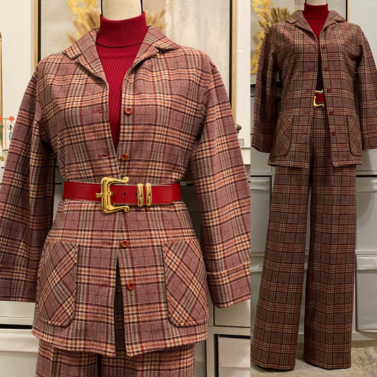 70's Autumnal Plaid 2Pc Pantsuit (L, 32"-36"W)