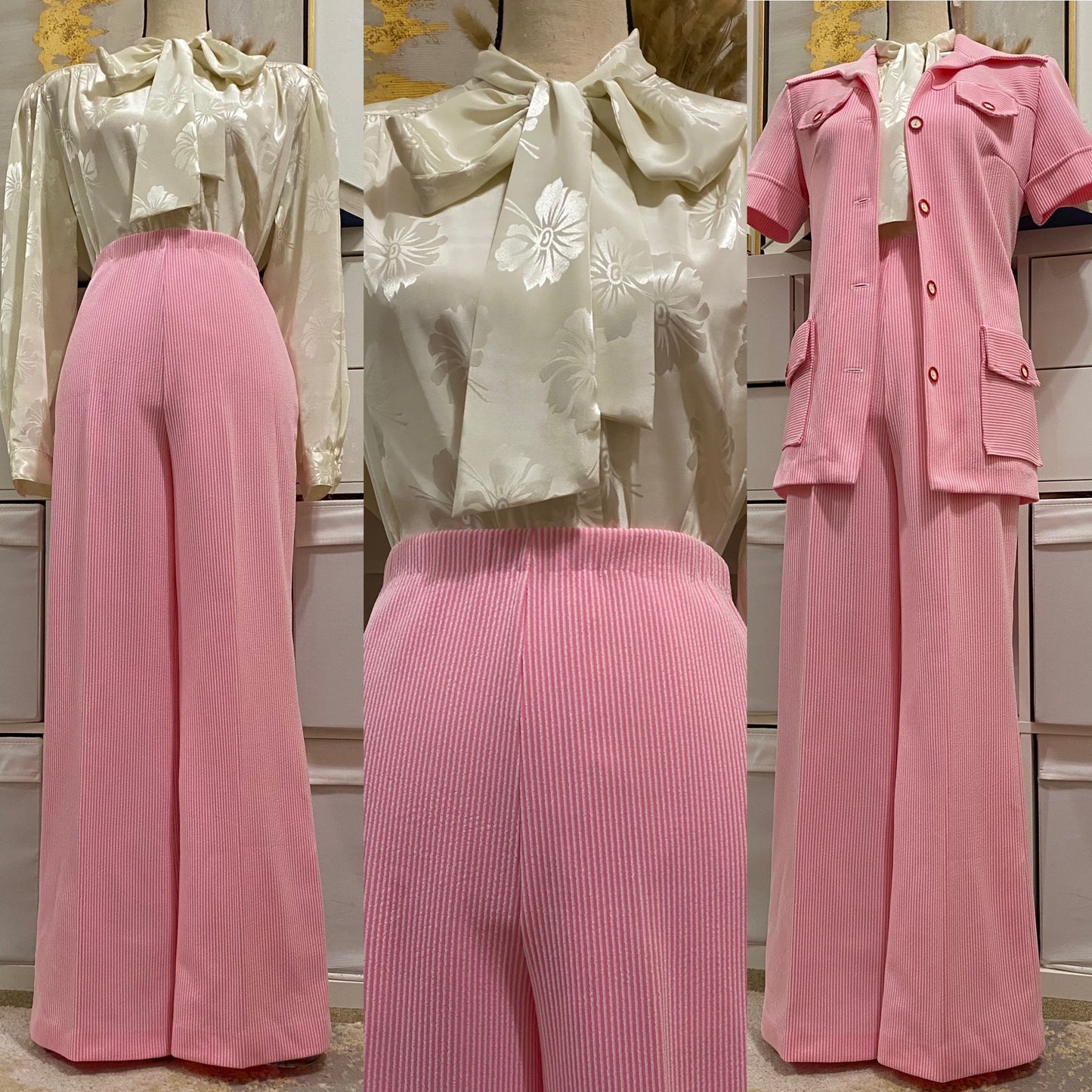 70s Pink Striped 2-Piece Pantsuit - Jacket Shirt & Wide Leg Bell Bottom (S-L)
