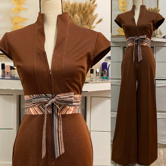 70's Chocolate Brown, Belted Wide Leg Jumpsuit (S, 26")