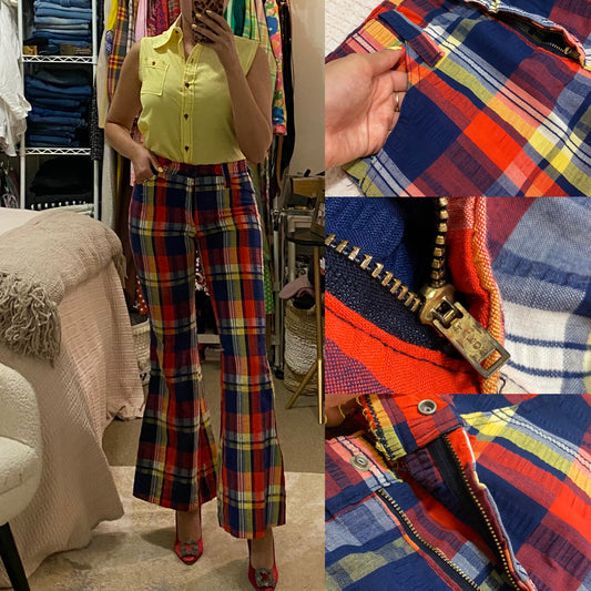70's Plaid Seersucker Flare Bell Bottom Pants (XS)