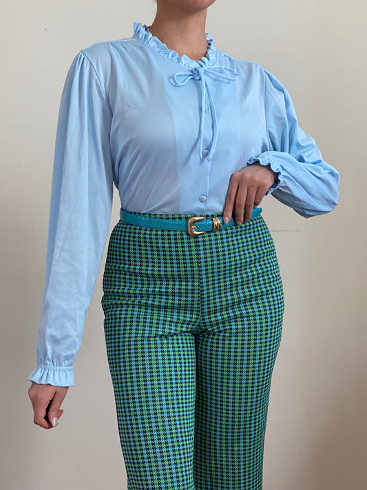 70's Ruffle Collar Long Sleeve Blouse with Bow (S-M)