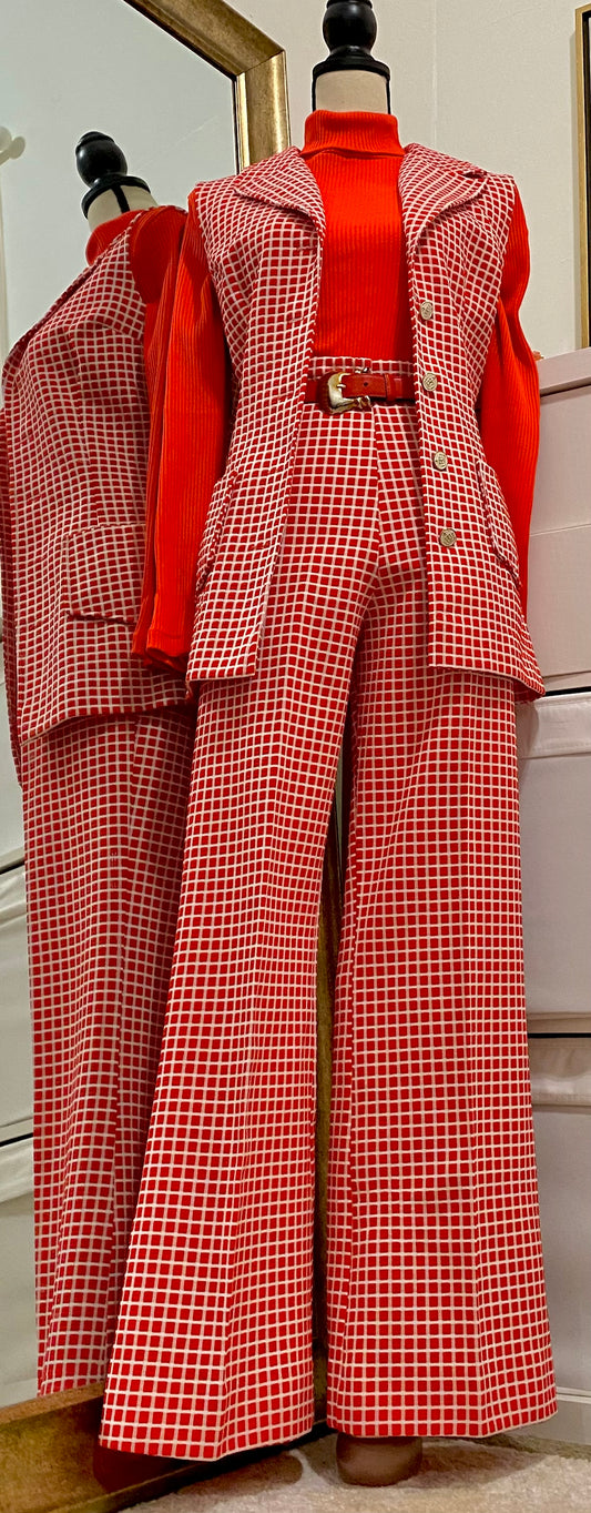 70’s 2-piece set Window Pane Pattern (Sleeveless Vest & High Rise Flare Pants) (M-L)