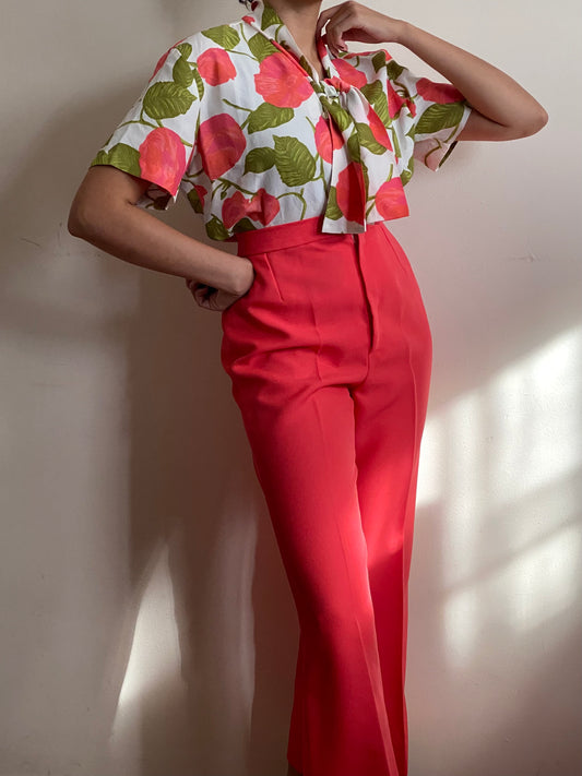 60's Colorful Floral Bow Short Sleeve Blouse (M)