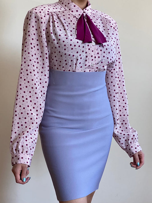80's PINK POLKA DOT JABOT BOW BUTTON DOWN BLOUSE (S-M)