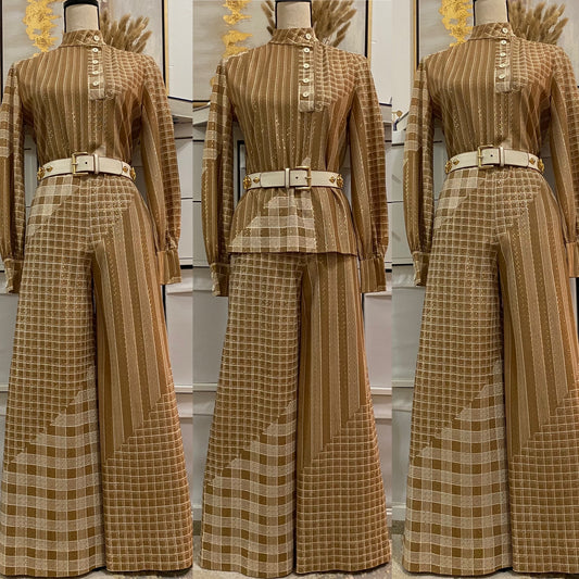 60s 70s 2-piece set with gold and brown accents Huey waltzer bell bottom wide leg flare