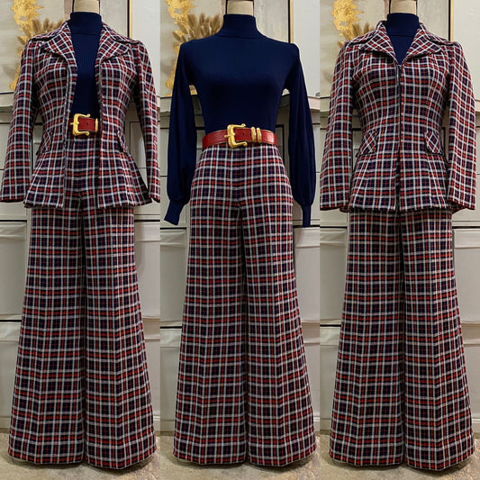 70s 2PC Plaid Wide Leg Pantsuit (M, 30"W)