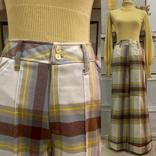 70's Mid-High Rise Plaid Bell Bottom Pant (M)