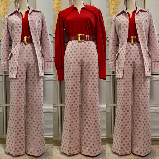 60s-70s 2pc Wide Leg Abstract Pink Pantsuit (S-L)