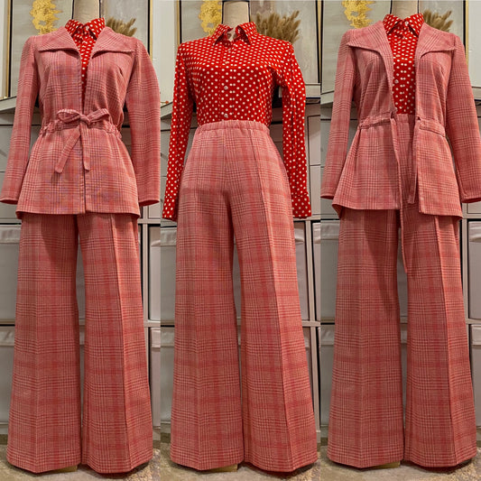 70’s Red Houndstooth 2-Piece Pantsuit - Jacket & Bell Bottoms (S-L)