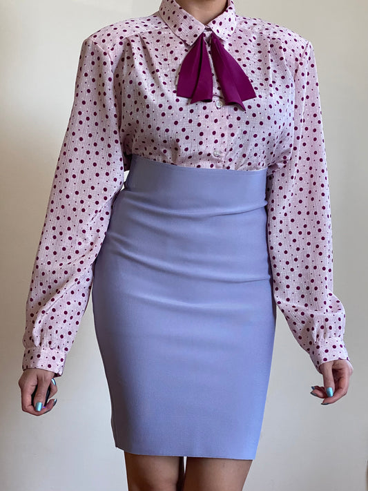 80's PINK POLKA DOT JABOT BOW BUTTON DOWN BLOUSE (S-M)