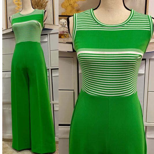 70’s Kelly Green Striped Wide Leg Jumpsuit (S-M)