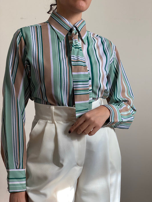 70's Striped Long Sleeve Button Up Blouse (M)