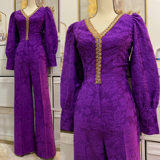 60's-70's Floral Embossed Velvet Wide Leg Jumpsuit (XS-S)