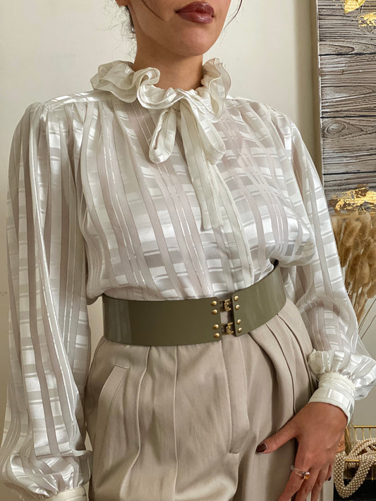 Elegant Ruffle high mock neck puffy Secretary Career Style blouse