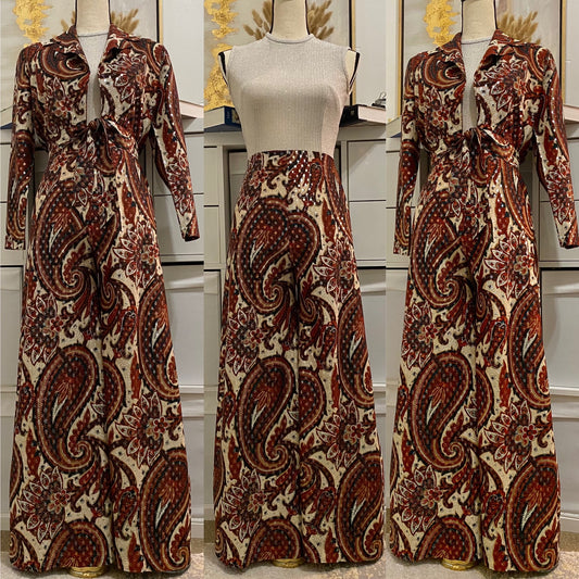 60's-70's 2pc Paisley & Silver Lurex Wide Leg Jumpsuit & Cropped Jacket (XS-S)