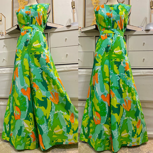 60s-70s Bright Abstract Wide Leg Jumpsuit (L)