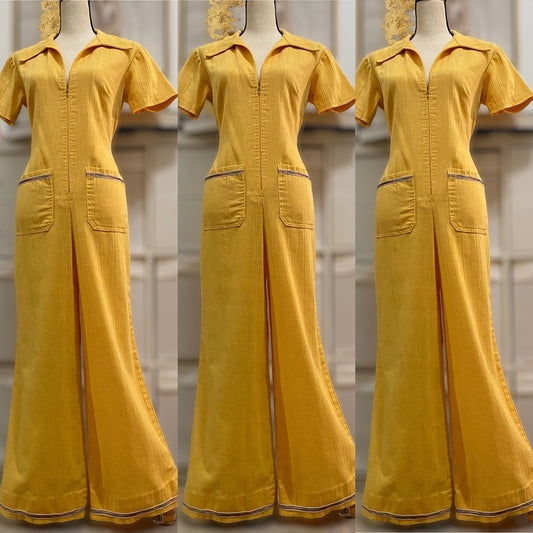 70s Crinkle Cotton Wide Leg Jumpsuit w/ Rainbow Trims (M-L, 36"W)