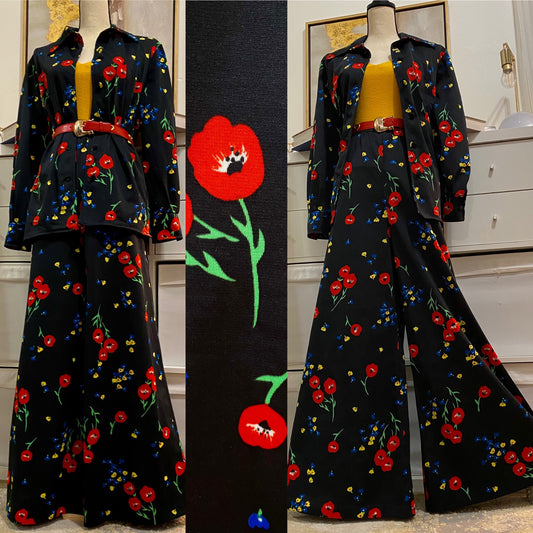 70's VOLUP 2-Piece Poppy Set - Shirt Jacket & High Rise Bell Bottoms (L/XL)