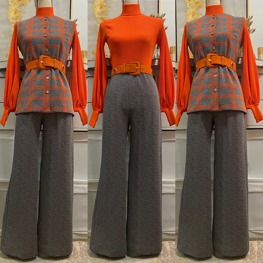 60's-70's Orange & Grey Grid Vest Pantsuit (S-M)