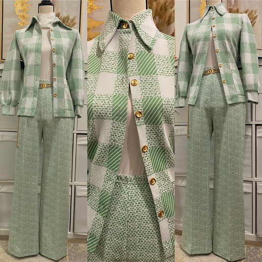 70’s 2-Piece Pistachio Mint Jacket Shirt & High Rise Wide Leg Bottom (S-M)