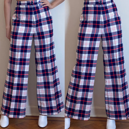 70's Plaid High Rise Bell Bottoms Wide Leg Flare (M-28'W)