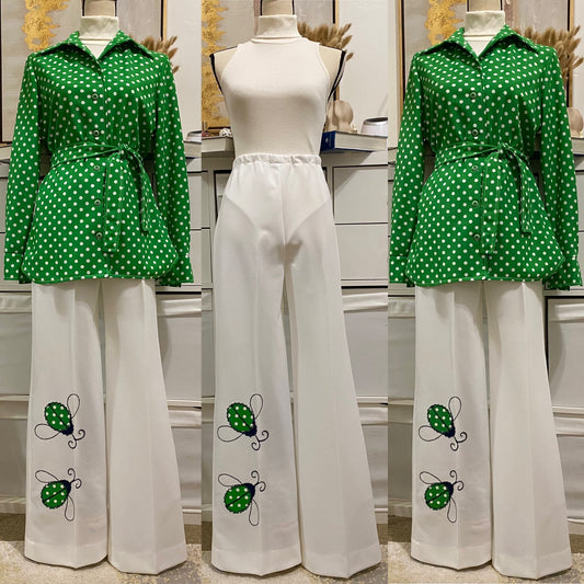 70's 3pc Polka Dot & Lady Bug Bell Bottom Pantsuit (M-L)