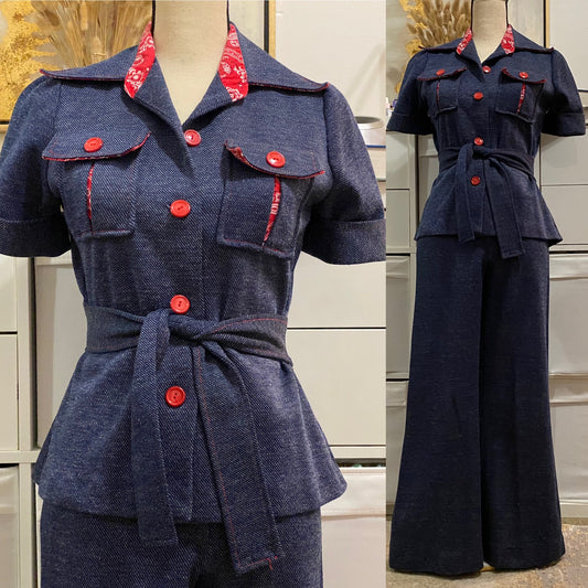 70s Faux Dark Denim 2PC Pantsuit (XS-S, 25"-26W)