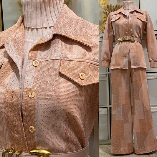 70s Geometric 2PC Leisure Pantsuit (S-M, 25"31"W)