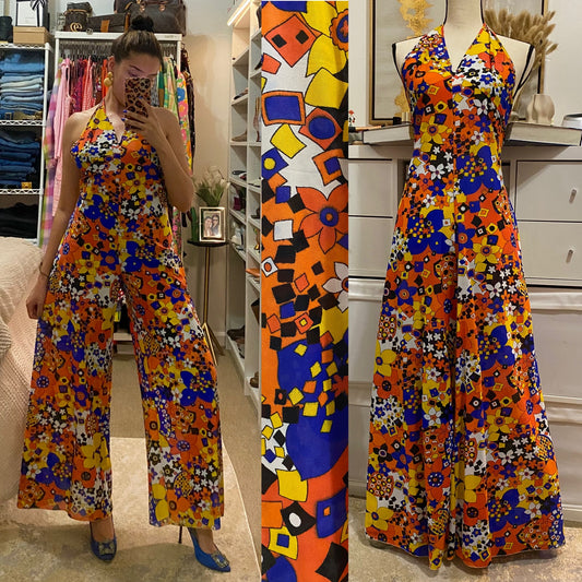 70's Multicolor Abstract Halter Top Wide Leg Jumpsuit (M)