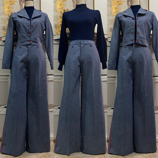70s 2PC Denim Chambray Wide Leg Pantsuit (M, 30"W) - Cropped Jacket