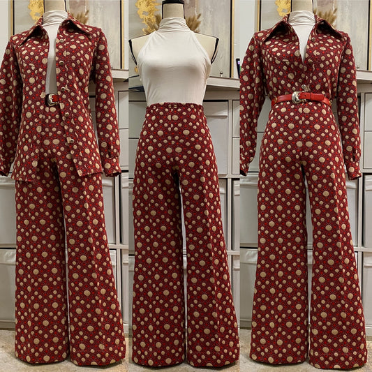 60s -70s Abstract Polka Dot 2PC Leisure/Pantsuit (M-L, 30"-36"W)