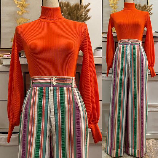 70's High Rise, Striped, Bell Bottom Cuff Pant (M-28")