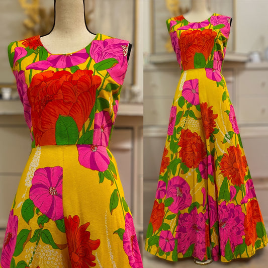 60s-70s Bright & Floral Palazzo Jumpsuit (XS, 24"W)