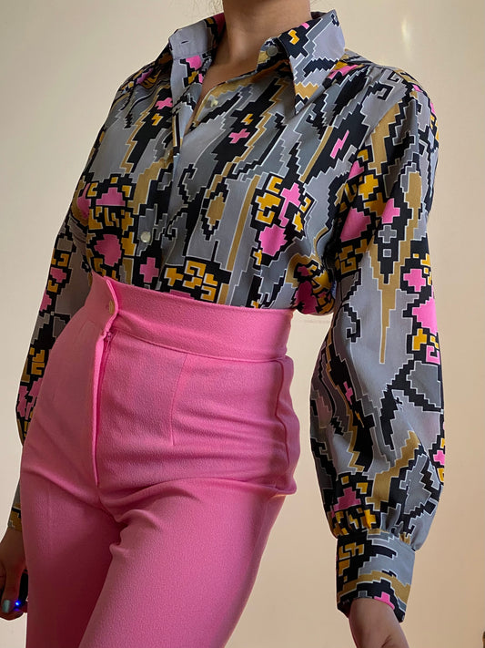 70's PIXEL TETRIS PUFFY SLEEVES BUTTON UP BLOUSE (S-M)