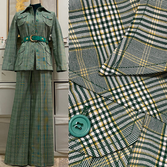 70's Green Plaid 2Pc Wide Leg Pantsuit (M,29"W)