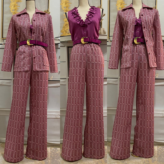 70's Deadstock Purple Mauve Abstract Wide Leg 2Pc Pantsuit (S-M)